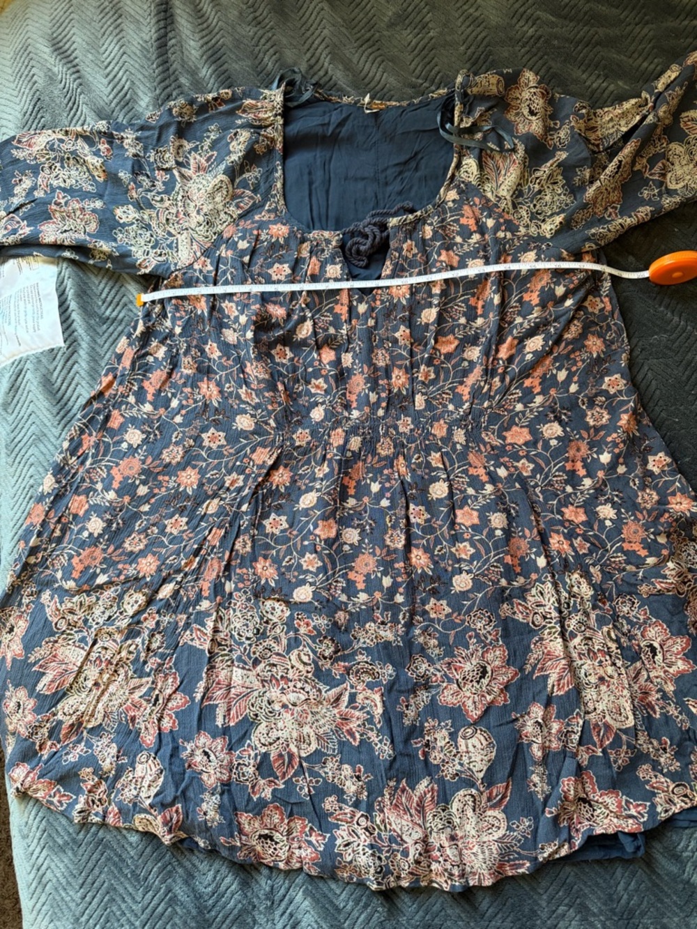 Free People Style Blue Floral Boho Tunic Top Flowy Long Sleeve - Picture 9 of 10